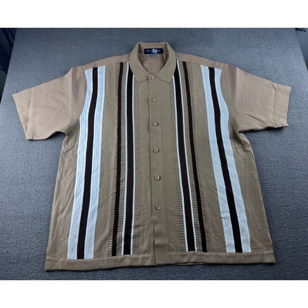 Vintage Michael 88 Irvin Shirt Men XXL Tan Relaxed Striped Knit Bowling Cabana